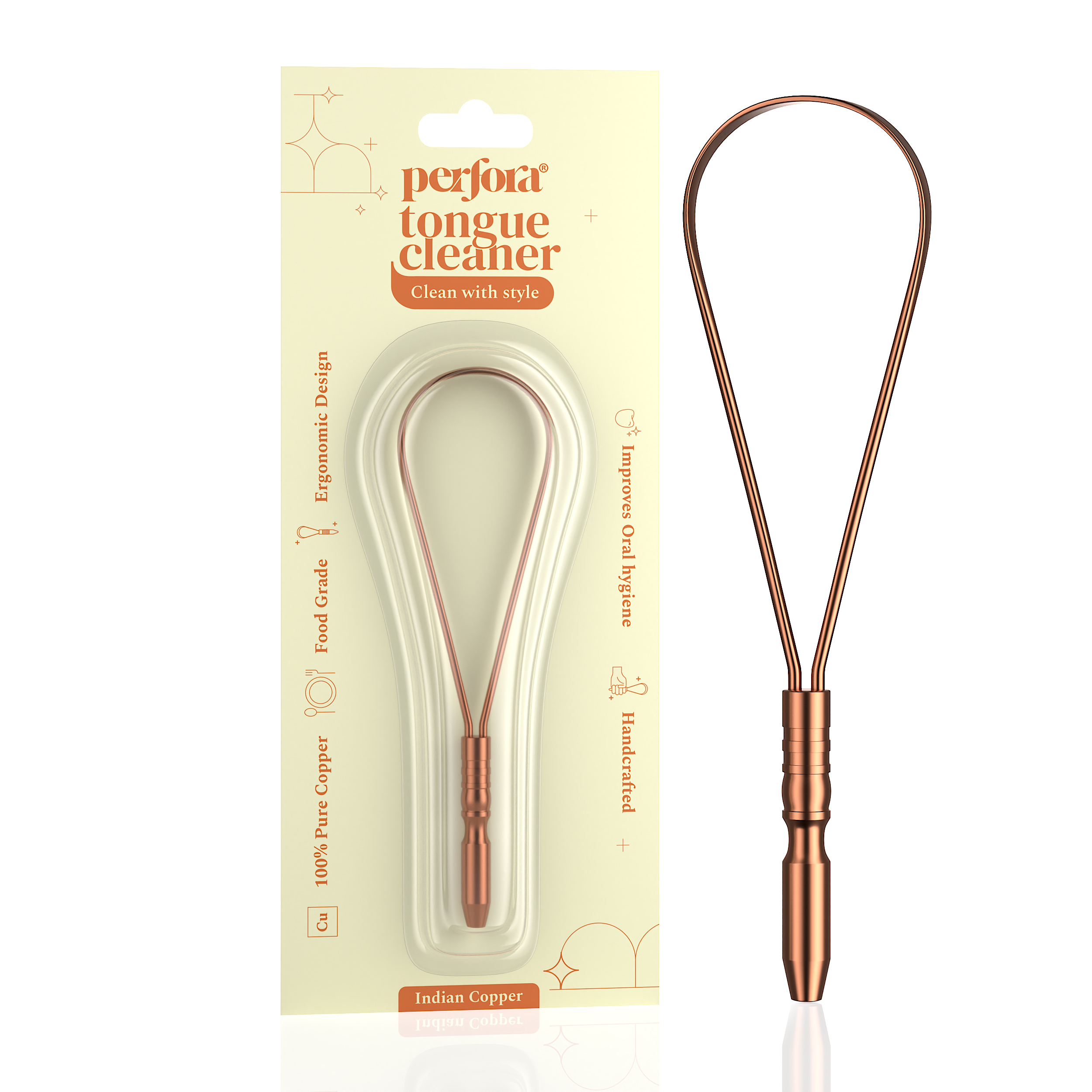 Perfora Copper Tongue Cleaner for Men and Women | For Fresh Breath & Bacteria Removal | Improved Taste Sense & Oral Hygiene | Easy to Use | 100% Pure Indian Copper Tongue Scraper To Prevent Bad Breath