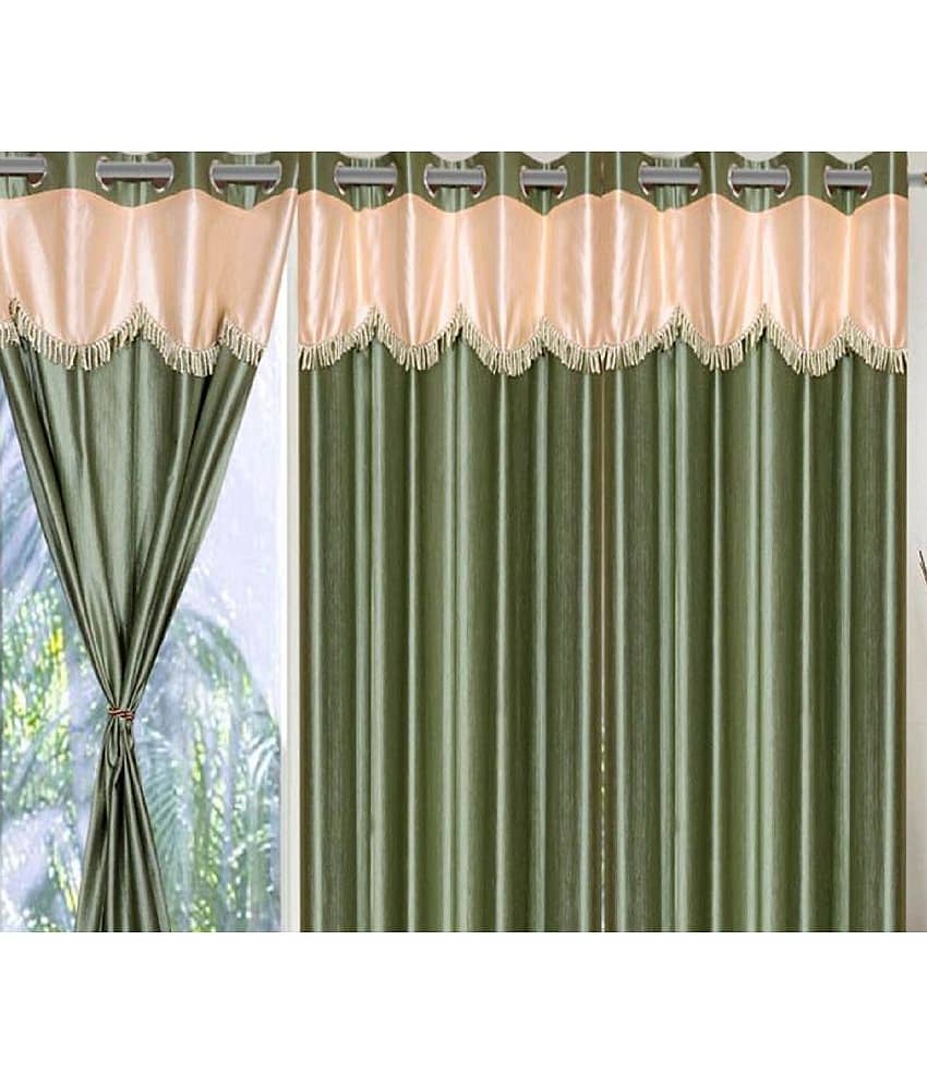 Panipat Textile Hub Solid Semi-Transparent Eyelet Door Curtain 7 ft Pack of 3 -Green view 2