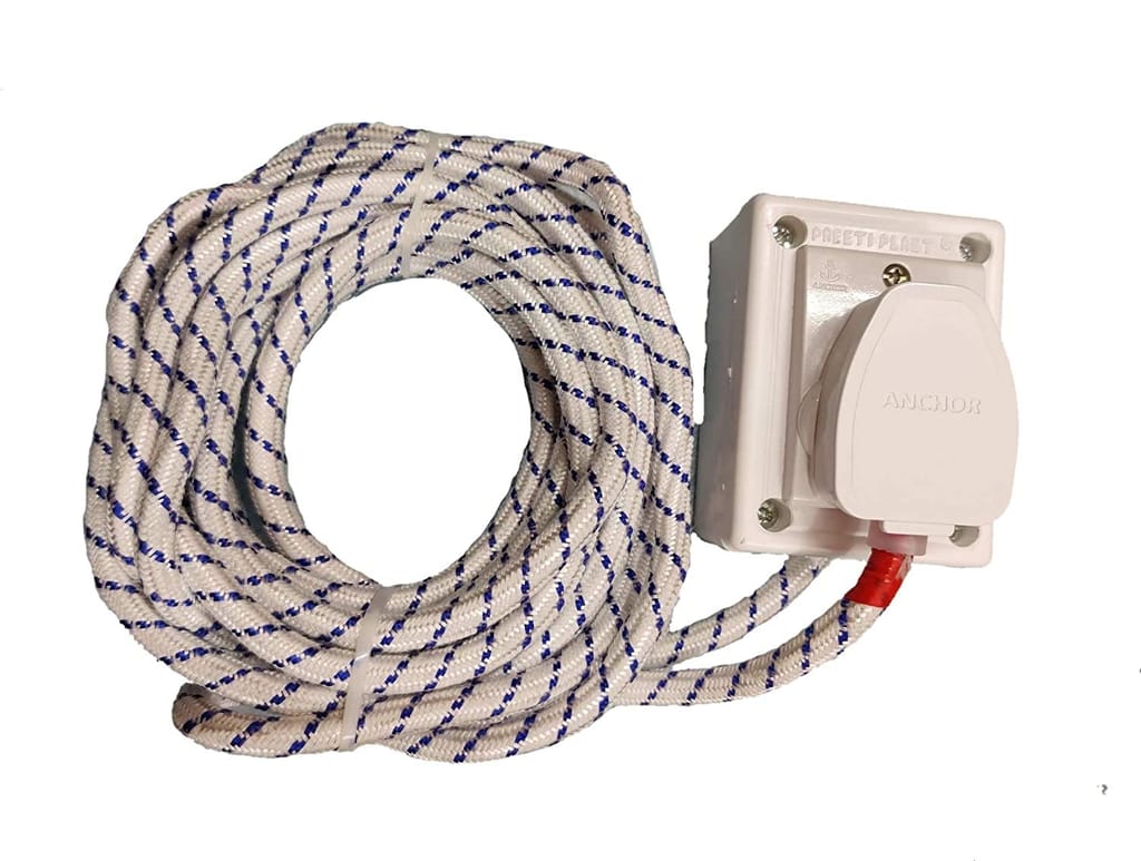 Tia 6 A 1 Sockets Power Extension with 5 m Cloth Cord, Anchor Socket and Plug (White)