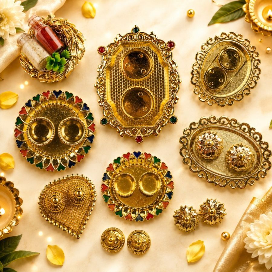 Premium Golden Pooja Thali (Any Random One)– Decorative Plates for Festive Rituals view 2