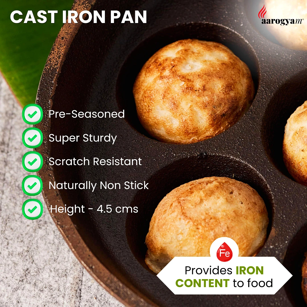 Aarogyam Cast Iron Paniyaram Pan 7 Cavity , with Ring at Bottom for support, Pre-Seasoned 7.5 inch Diameter (19cm), Naturally Non-stick, Toxin-Free, Gas & Induction Compatible, Weight- 1.5 kg (Colour - Black) by Aarogyam - The Cast Iron Shop view 2