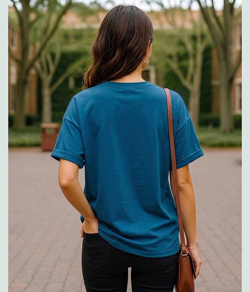 AOOSH Women Cotton Blend Solid Oversized Fit Round Neck T-Shirt ( Green ) view 2