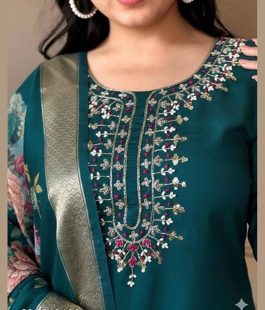 Radhe Enterprise Women Rayon Embroidered Straight Kurti With Pants ( Teal ) view 2