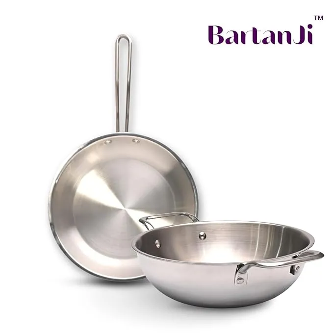 Triply Stainless Steel Cookware Set 3 Pcs | 24cm Kadhai with Lid, 22cm Fry Pan |3 Layer Greblon Coating Gas Stove Compatible Fast & Even Heating Silver Triply Steel Kitchen Utensils