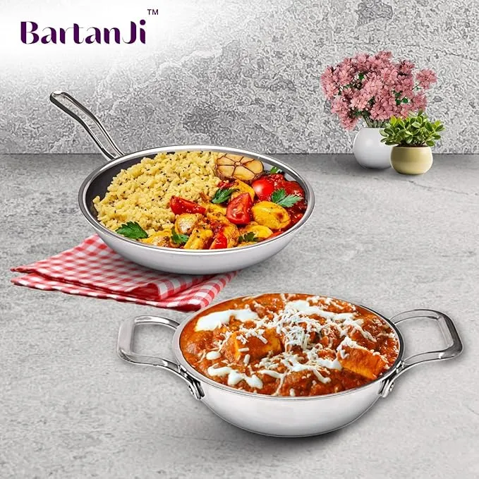 Triply Stainless Steel Cookware Set 3 Pcs | 24cm Kadhai with Lid, 22cm Fry Pan |3 Layer Greblon Coating Gas Stove Compatible Fast & Even Heating Silver Triply Steel Kitchen Utensils view 2