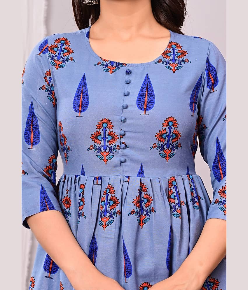 EXPORTHOUSE Women Cotton Blend Printed Anarkali Kurti With Palazzo ( Light Grey ) view 2