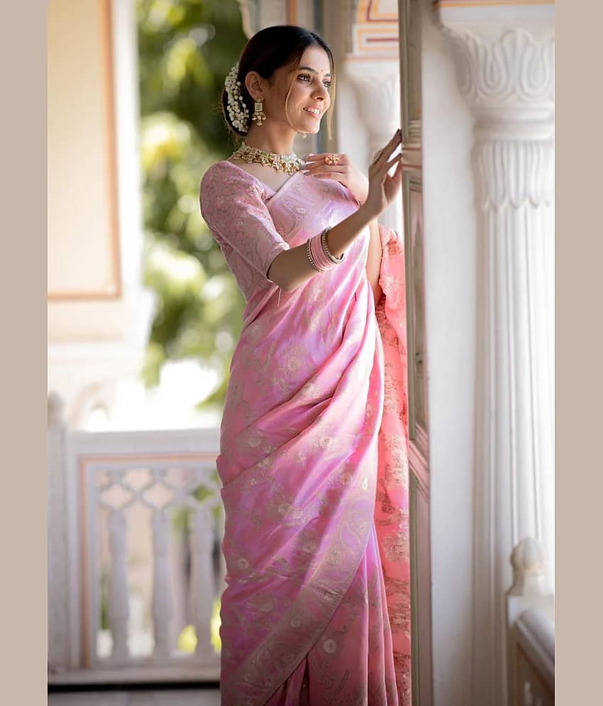 YUG ART Banarasi Silk Embellished Saree With Unstitched Blouse Piece ( Rama ) view 2