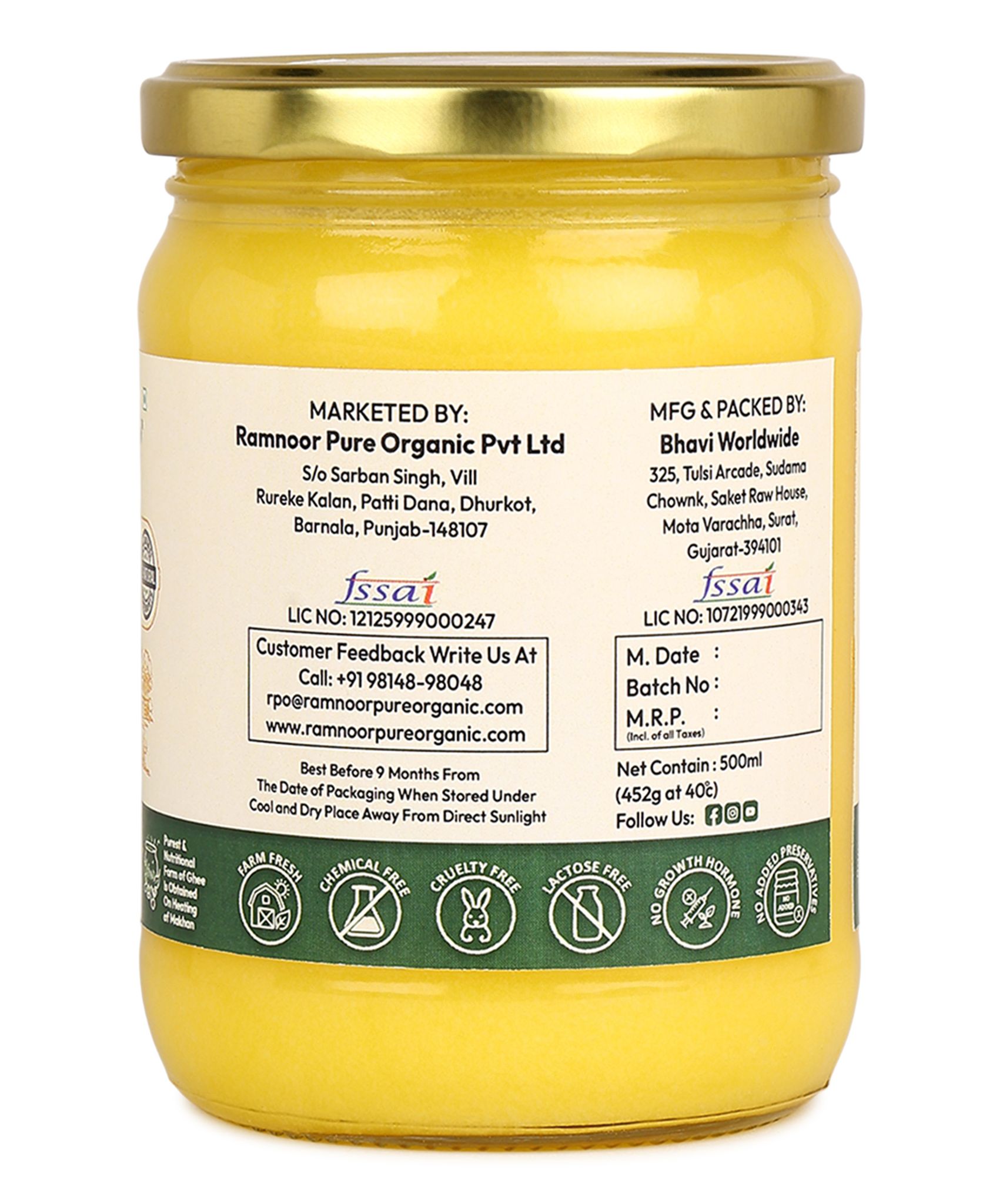 Ramnoor Pure Organic A2 Gir Cow Bilona Ghee | 100% Natural | Lab Tested | 500 ml view 2