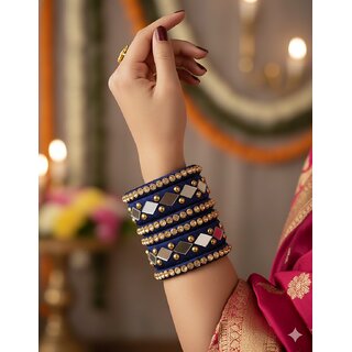 Traditional Indian Thread Bangles Set, Royal Blue with Gold Crystal and Metal Studded view 2