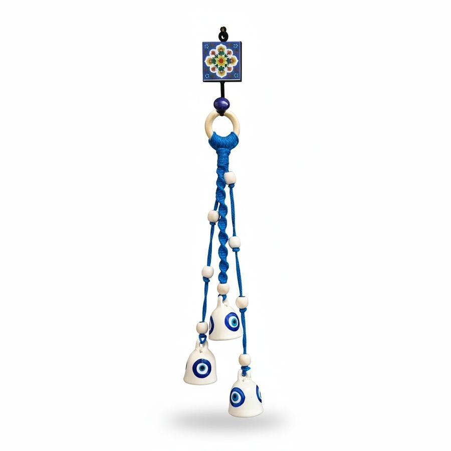Handcrafted Macrame Knotted Ceramic 3 Evil Eye Bells Chime with Handmade Ceramic Hook. 45 cm– Nazar Battu Wall Decor. Handcrafted by Local Women artisans. view 2