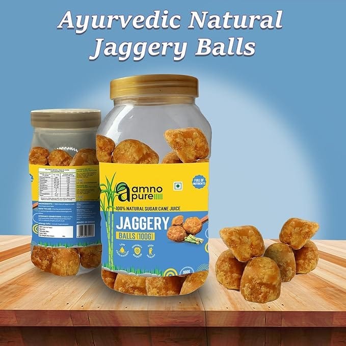 Amno Pure Natural Suagar Cane Jaggery 100G Balls | Cholestrol free, fat free, Full of Nutrients & 100% Natural - 900G Pet Jar view 2