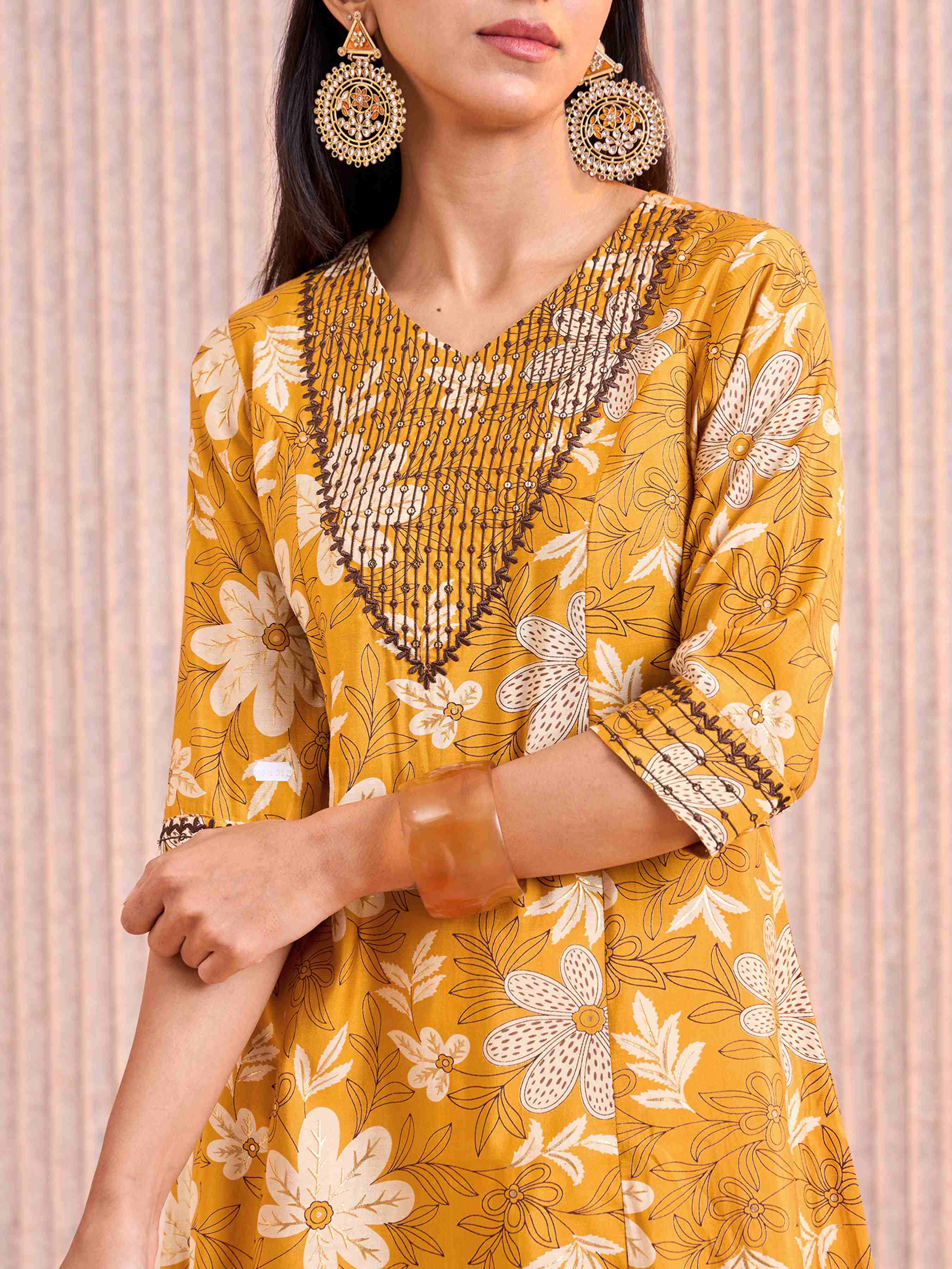 Mustard Modal Chanderi Printed Kurti With Sequins Embroidery view 2