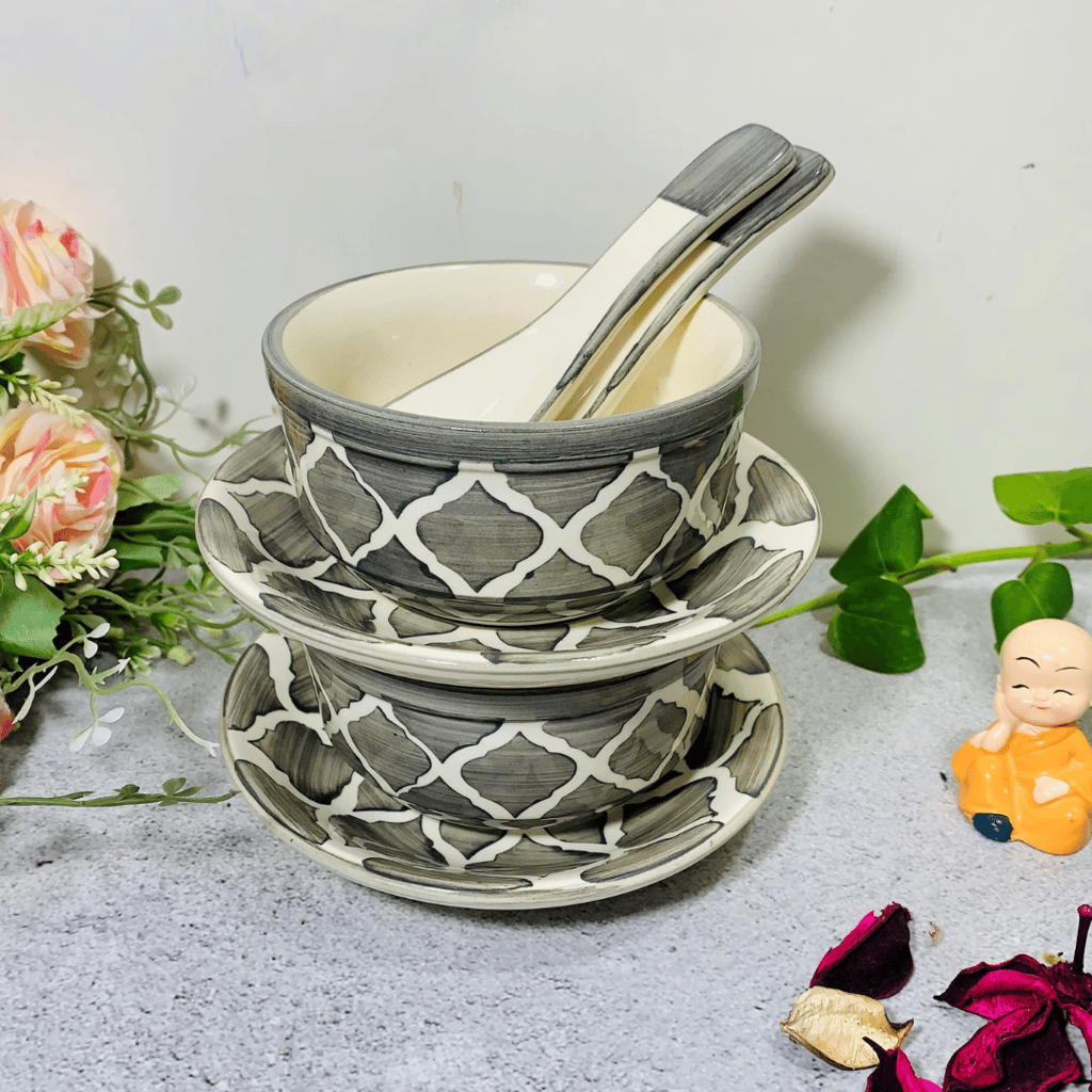 Homefrills Ceramic Glossy Finish Large Soup / Cereal Bowls with Saucer and Spoon Set of Two Glossy Finish Suitable for Soup,Cereal etc. (270ml) Set of 2 (Colour-Grey) view 2