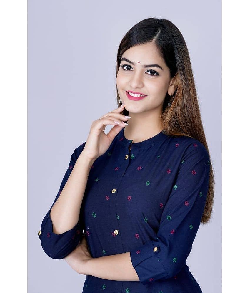 GlowWorld Cotton Printed Front Slit Women's Kurti - Blue ( Pack of 1 ) view 2