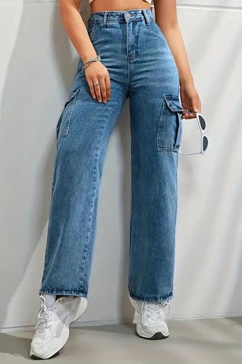 Glossia Fashion High Waist Cargo Denim Jeans for Women Wide Leg Stretchable Straight Fit Jeans - Blue, 38 view 2