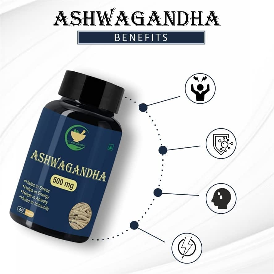 FIJ AYURVEDA Ashwagandha Capsule Helps in Anxiety & Stress Relief for Men & Women - 500mg 60 Capsules view 2