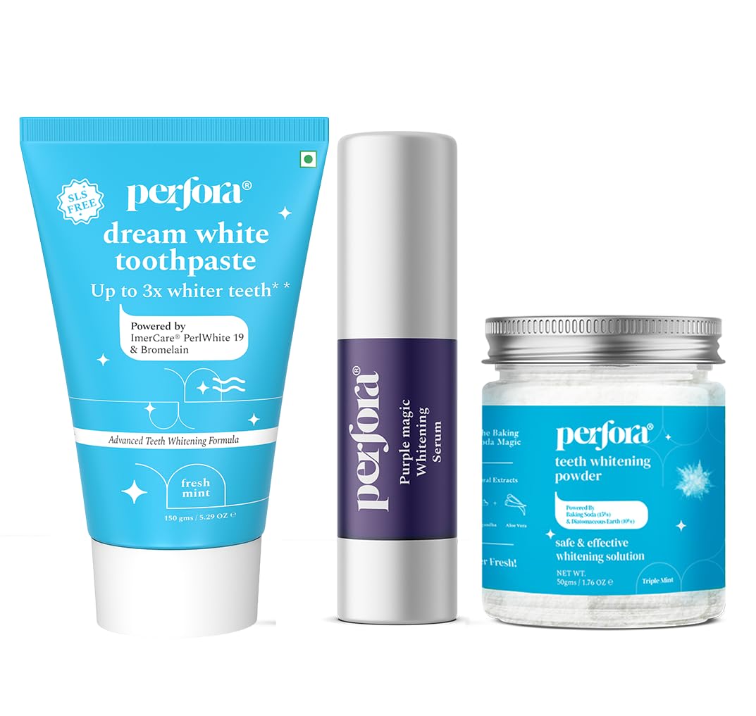 Perfora Perfect White Combo | Purple Magic Whitening Serum,Teeth Whitening Powder & Dream White Toothpaste | v34 Colour Corrector for Teeth | Enamel Safe & Effective Teeth Whitener Solution, Pack of 3