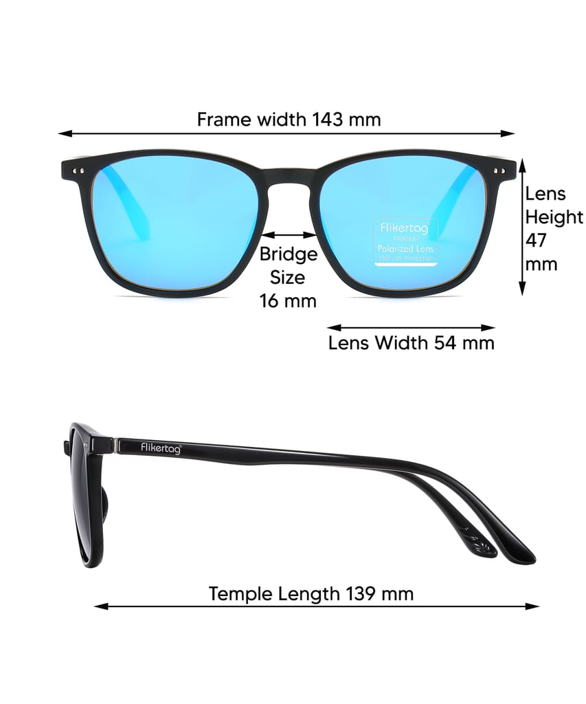 Flikertag Polarized Sunglasses With UV Protection For Men & Women | HD vision with Mirror Lens [FTS 561 F2 Square/Wayfarer Matte Black Frame with Blue Mirror lens, 54mm] view 2