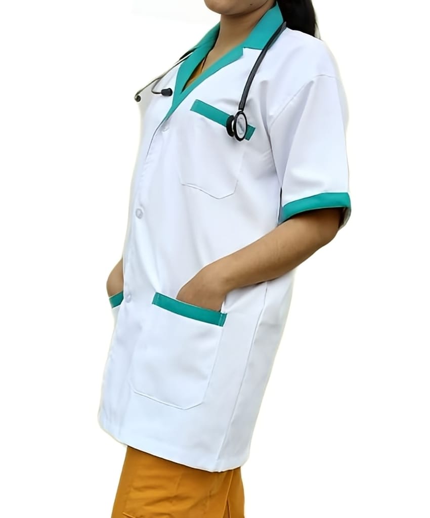 Medical Staff Apron | 3-Pockets Apron | White Color | Unisex Pattern | Style with Green Collar | Comfortable | Durable | Best Fitted For Medical Professionals (Staff, Nursing & Lab Technicians) view 2