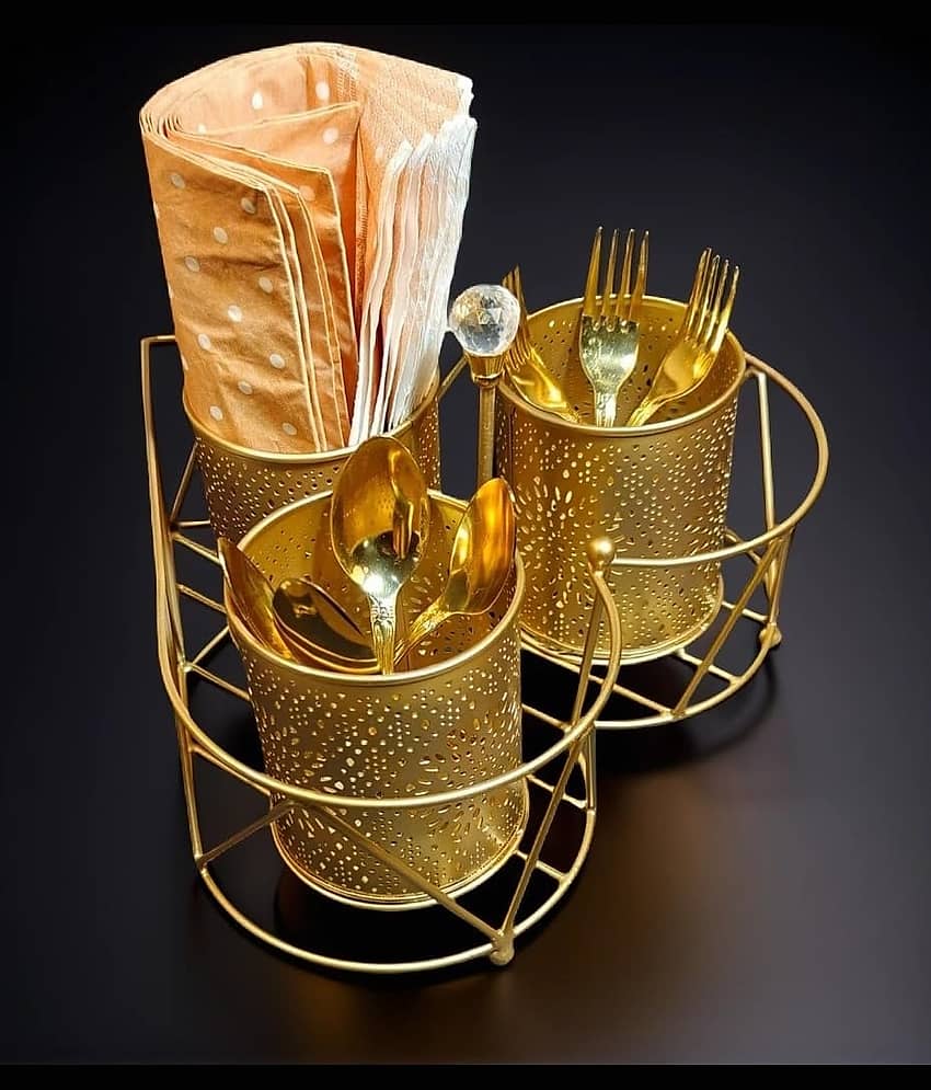 Premium Golden Metal Cutlery & Tissue Holder – 3 Pot Spoon Stand with Elegant Stand | Multipurpose Organizer for Dining Table, Kitchen & Gifting view 2