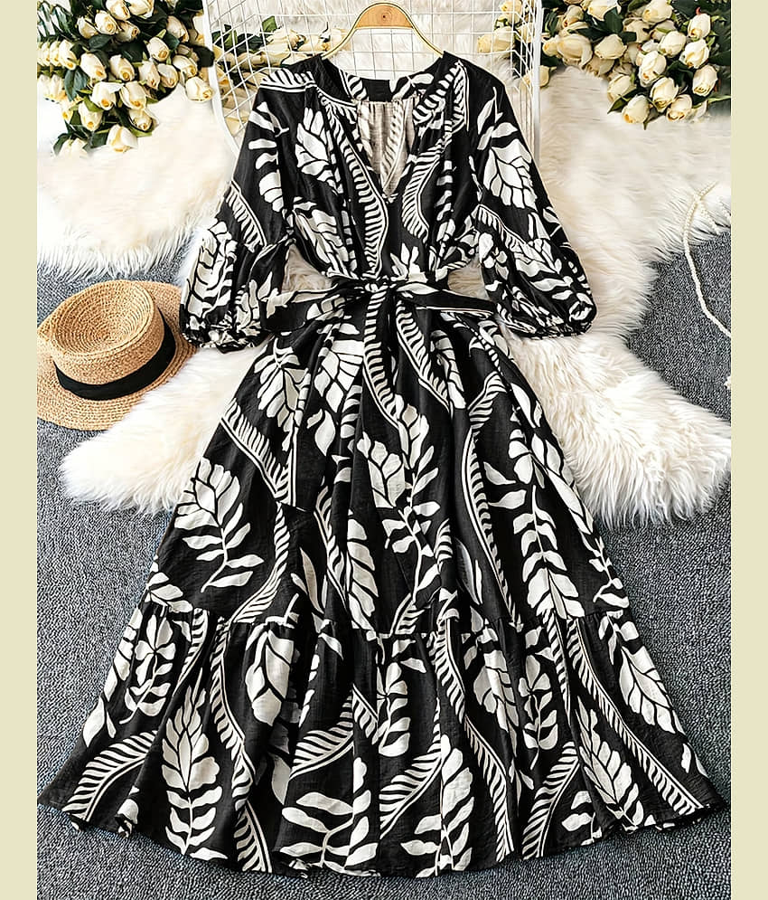 ZWERLON Women Viscose Rayon Printed Fit & Flare Dress ( Black )