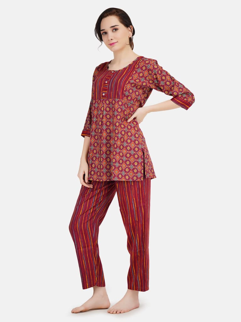 KOI SLEEPWEAR Women Kurti Pant Nightsuit Set - Maroon (X-Large) view 2