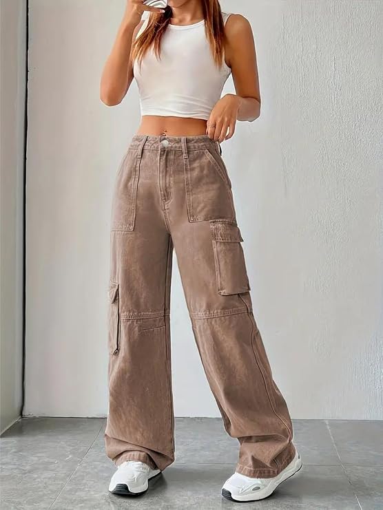 Glossia Fashion Women Cargo Jeans | High Waist Stretchable Wide Leg Straight Fit Denim| Boyfriend Jeans for Women - Brown, 36 view 2