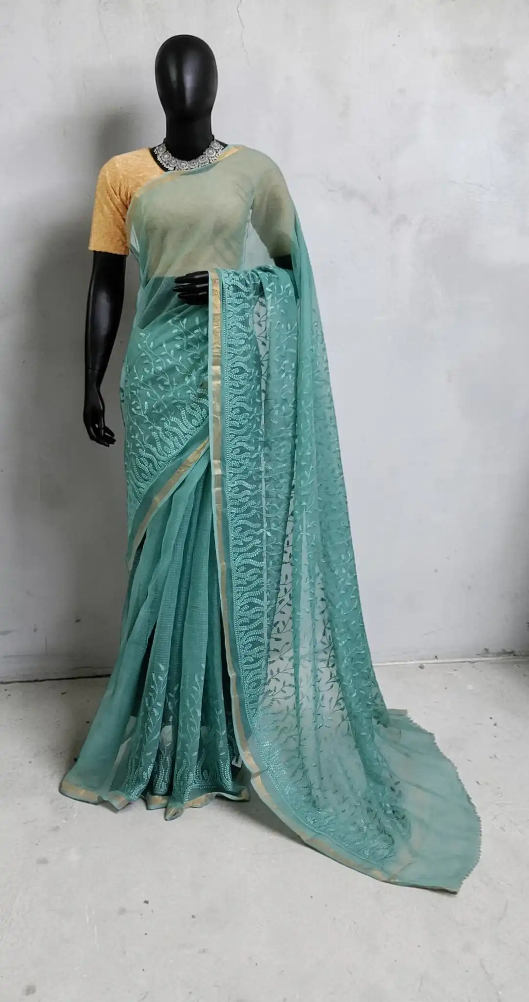 Sea Green Kota Doria Block Print Saree with Zari Border and Blouse