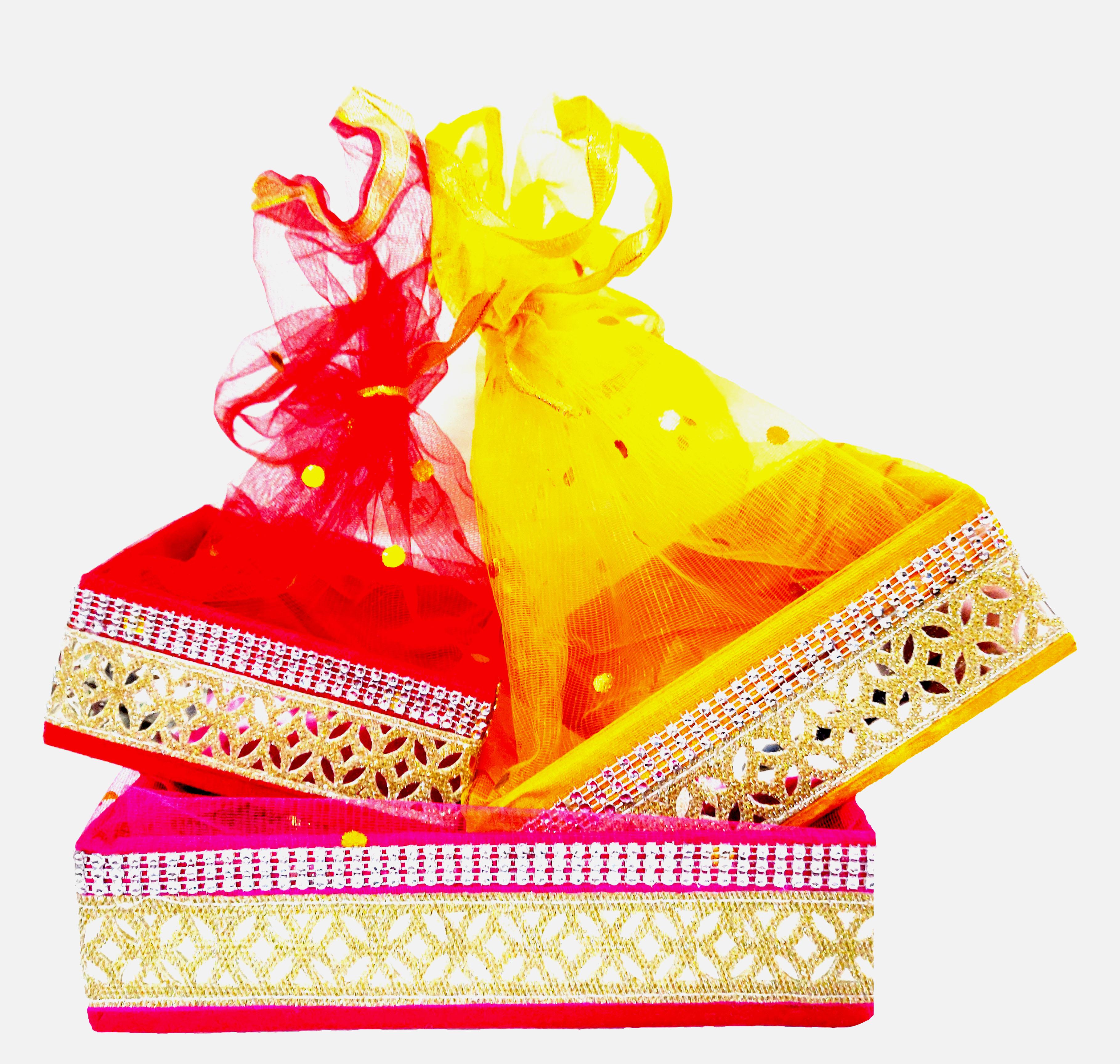 Omkar by R3 Inc. Handmade Multicolor Fancy Gift Hamper Basket Net Covering for Wedding and Festival Gift Purpose - Square (Set of 3) Standard, Large & Jumbo