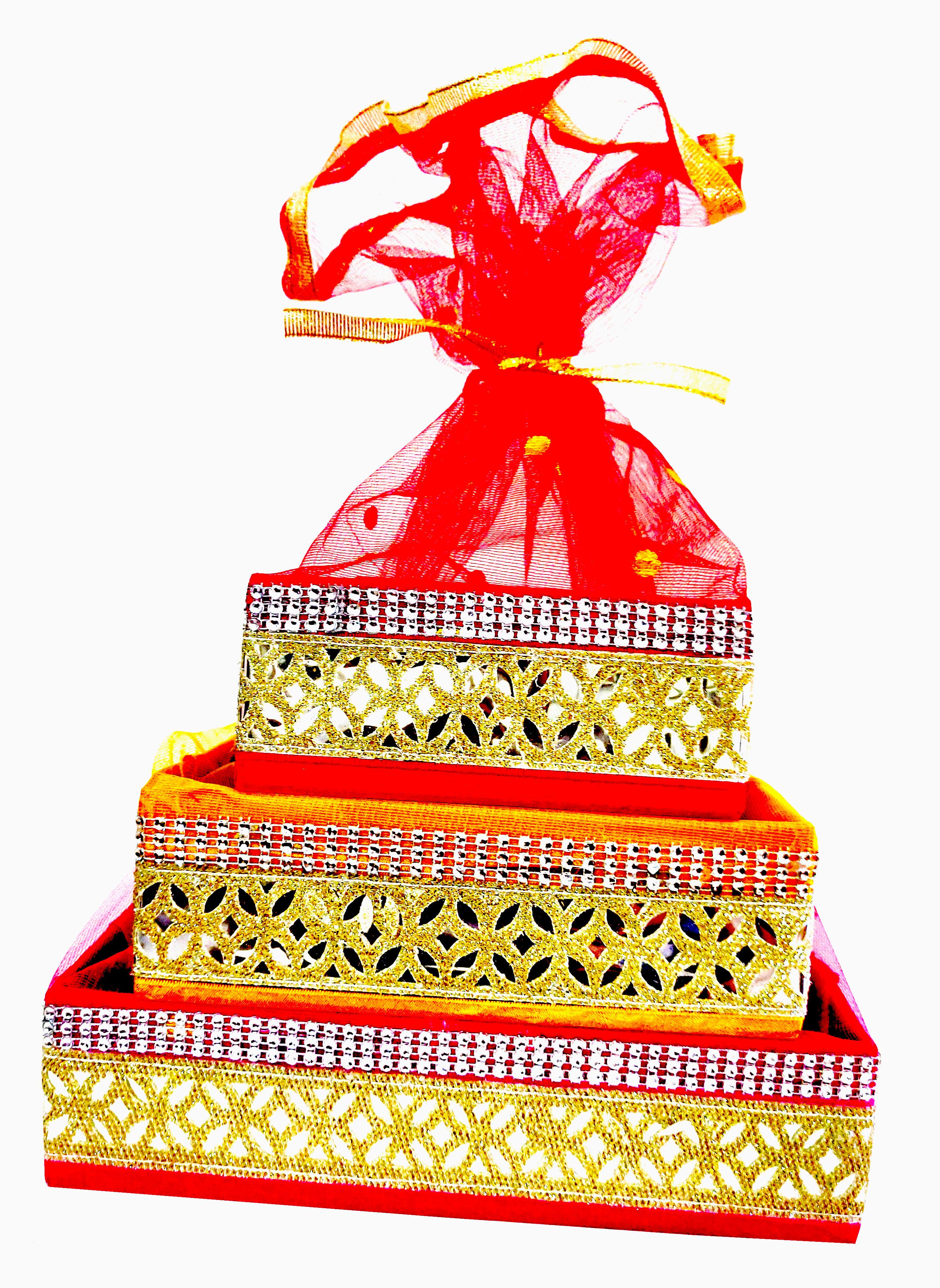 Omkar by R3 Inc. Handmade Multicolor Fancy Gift Hamper Basket Net Covering for Wedding and Festival Gift Purpose - Square (Set of 3) Standard, Large & Jumbo view 2