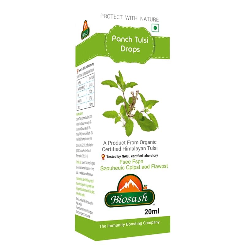 Biosash Panch Tulsi Drops 20ml | Herbal Tulasi Ark Drops for Adults | Antibacterial Immunity Booster | Cough & Cold Relief | Pancha Tulasi Extract for Water Purification & Natural Wellness