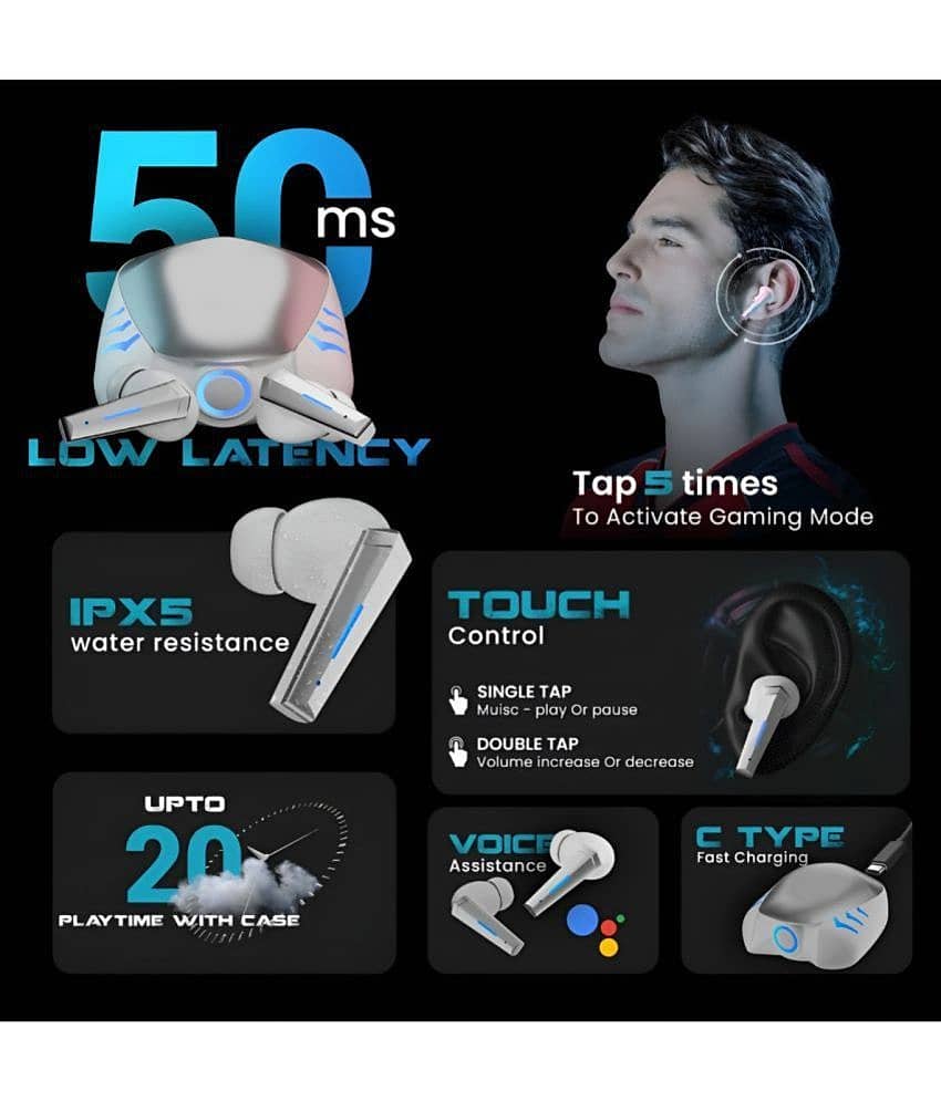 VERONIC Ultra Tank Bluetooth True Wireless (TWS) In Ear 20 Hours Playback Low Latency,Fast charging IPX4(Splash & Sweat Proof) White view 2