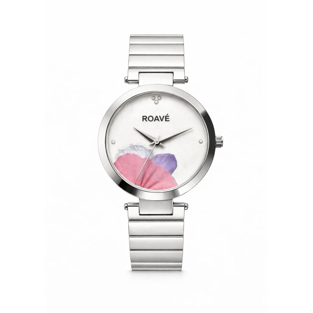ROAVÉ Quartz Round Stainless Steel Band Casual Analog Watch For Women With Sliding Clasp - White