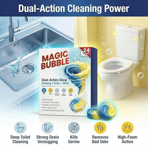 Magic Bubble Toilet & Drain Cleaning Tablets 24 Pack | Powerful Foaming Cleaner for Toilet Bowl, Sink & Pipes | Deep Cleaning Formula Removes Odor, Stains & Buildup view 2
