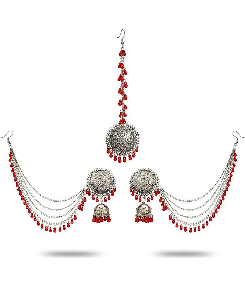 YouBella Stylish Latest Design Combo Of Earrings And Maang Tikka Jewellery Silver Plated Jhumki Earrings for Women (Red) (YBEAR_32663) view 2