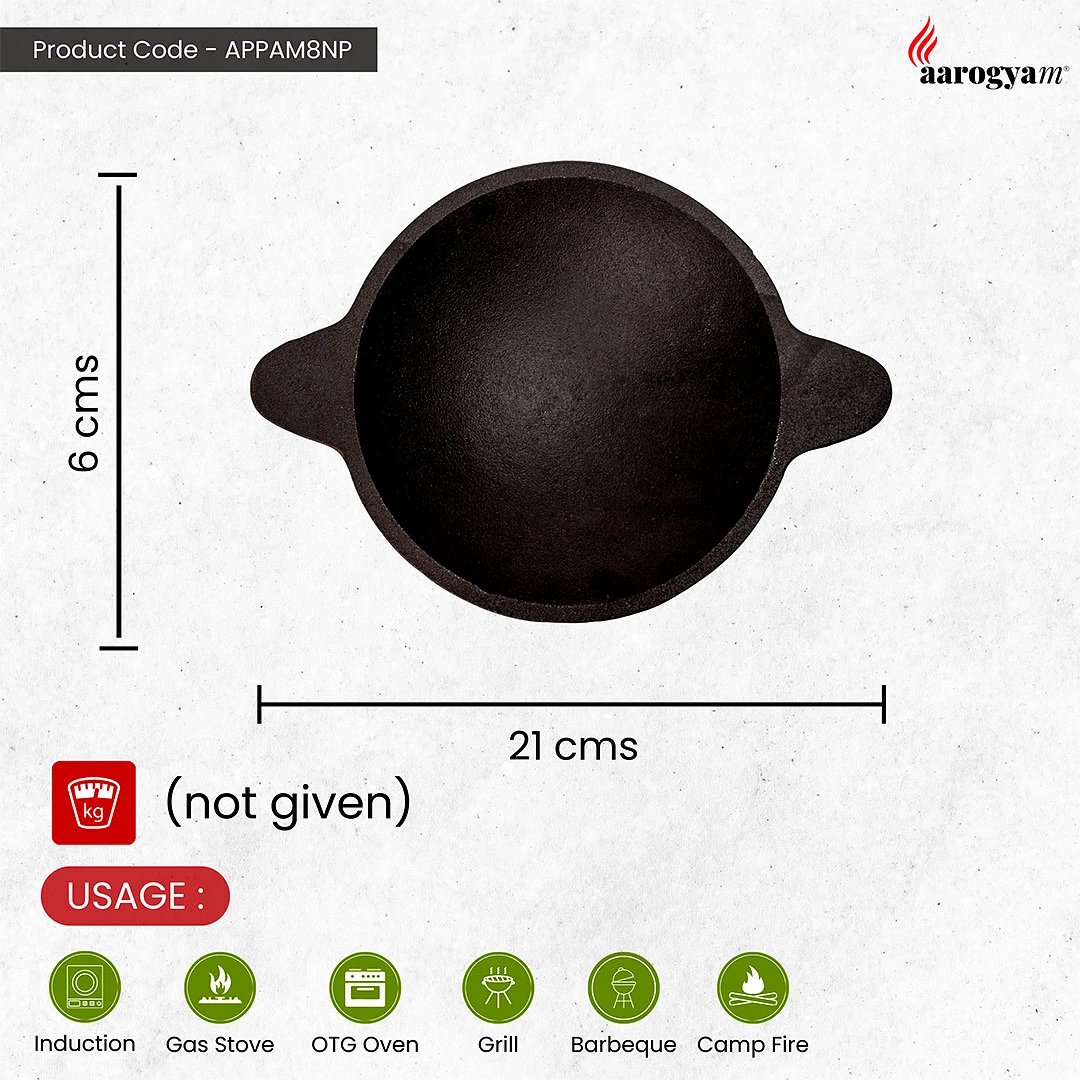 Aarogyam Cast Iron Appam Pan Rough , Pre-Seasoned 8 inch Diameter (20cm), Naturally Non-stick, Toxin-Free, Gas & Induction Compatible, Weight- 2.1 kg (Colour - Black) by Aarogyam - The Cast Iron Shop view 2