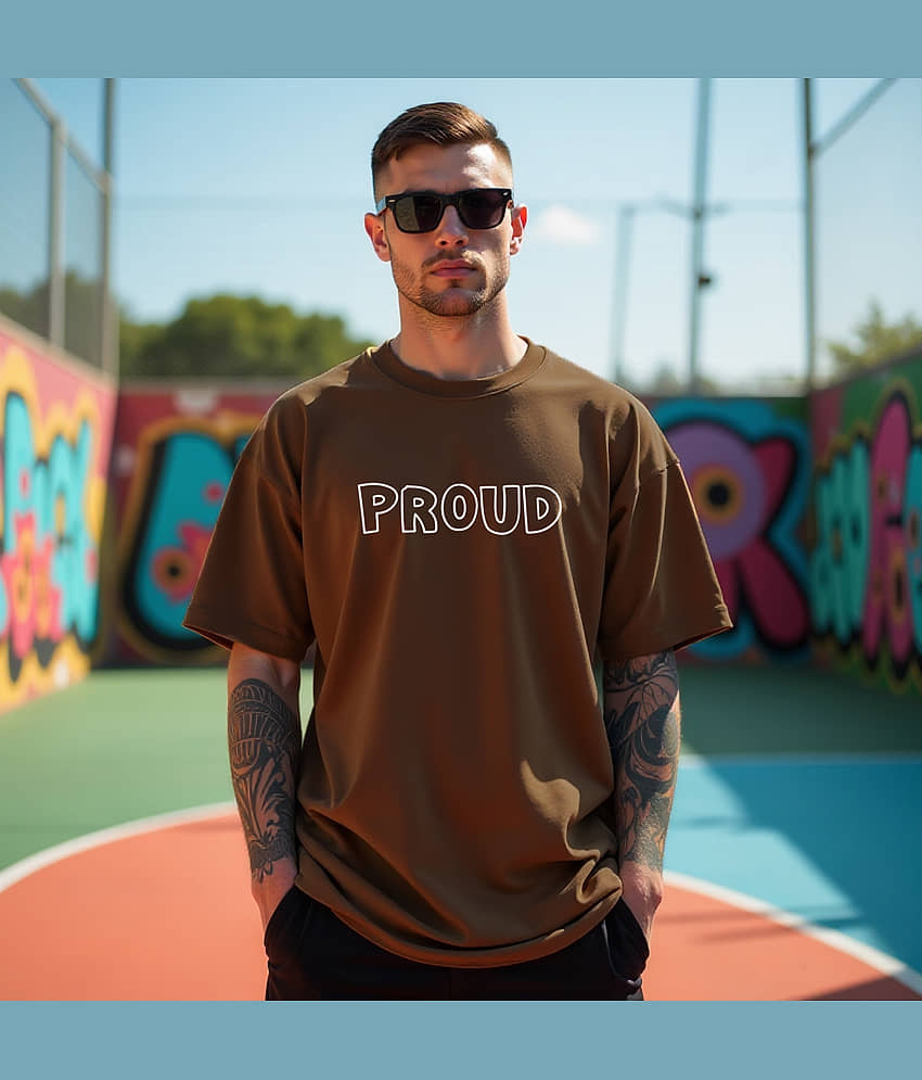 RodZen Cotton Blend Oversized Fit Printed Half Sleeves Men's Round T-Shirt - Brown ( Pack of 1 )