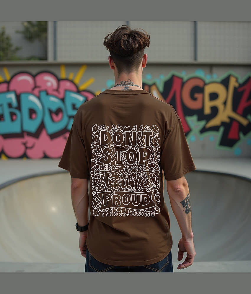 RodZen Cotton Blend Oversized Fit Printed Half Sleeves Men's Round T-Shirt - Brown ( Pack of 1 ) view 2