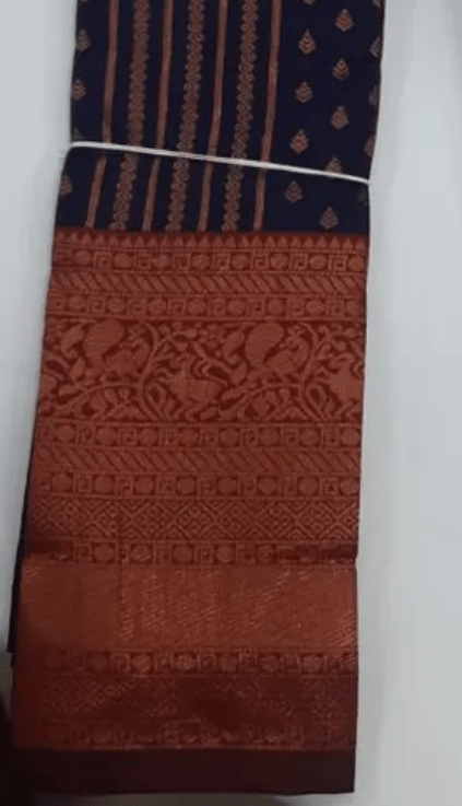 Women Semi Pattu Saree Silk Blend Saree navy blue color saree with maroon color pallu and blouse view 2