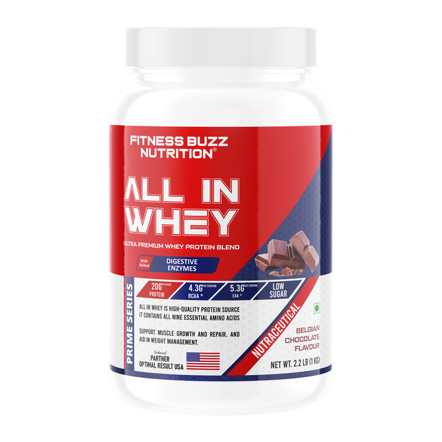Fitness Buzz Nutrition I Prime Series I All in Whey with Added Digestive Enzymes I 20G Protein Per Serving I 4.3 BCAA Per Serving I 5.3G EAA Per Serving I Low Sugar I Nutraceutical I Veg I Belgian Chocolate I 1 KG