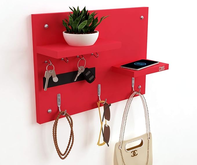 DAS Wall Mounted Home Dcor Key Chain Holder/Organizer Key Hooks with Double Wall Shelf Display Rack Red (7 Hooks)- Diana