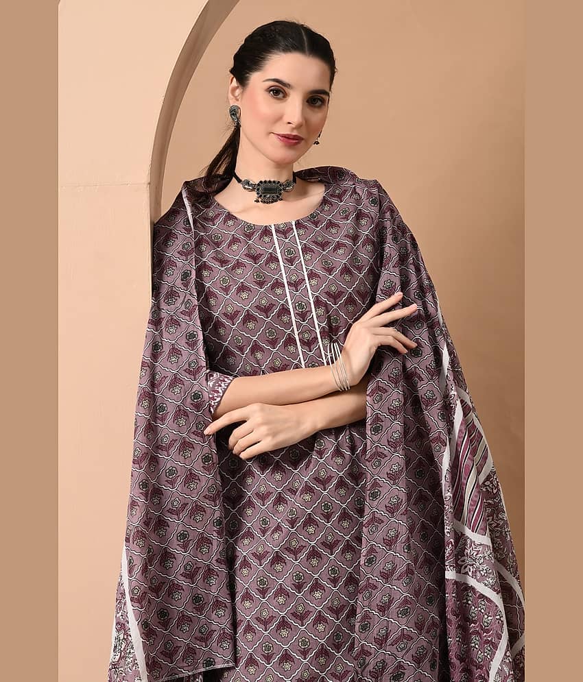 Metafab Women Cotton Blend Printed Straight Kurti With Patiala Salwar ( Maroon ) view 2
