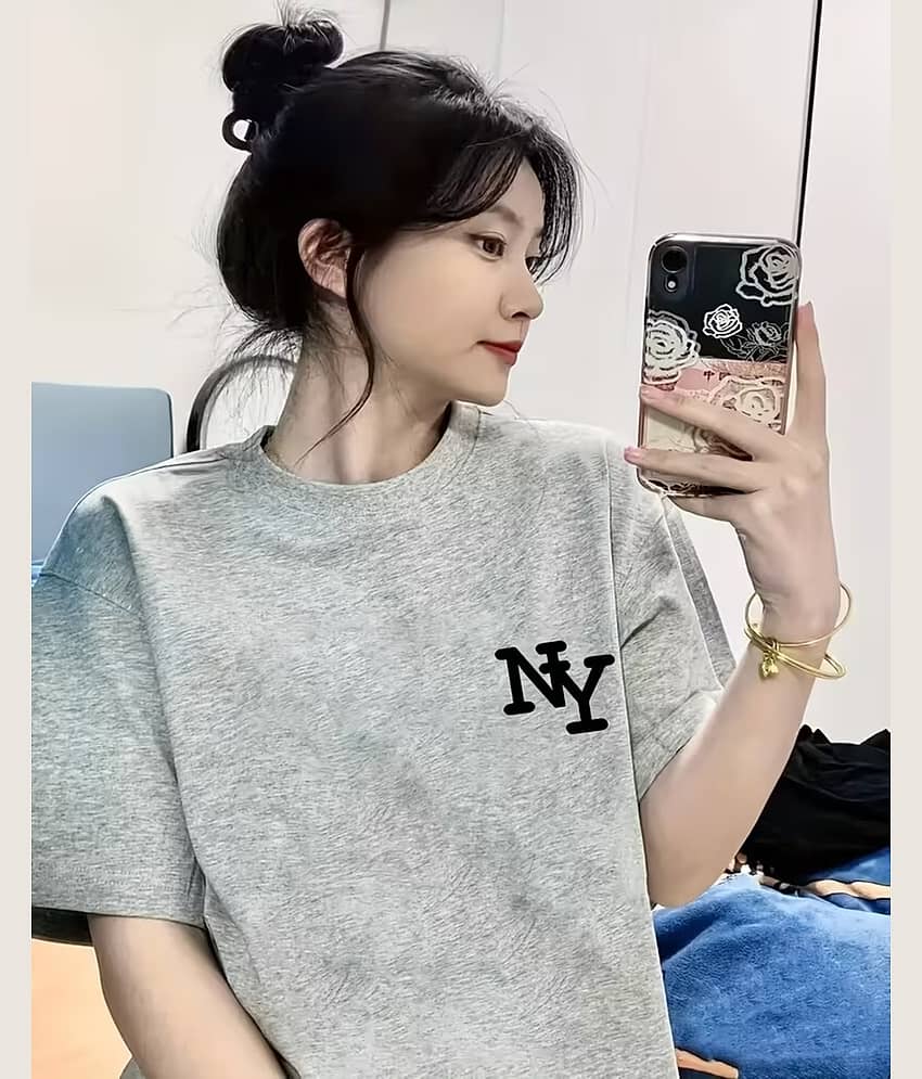 ELBATROSS Women Cotton Blend Printed Oversized Fit Round Neck T-Shirt ( Grey ) view 2