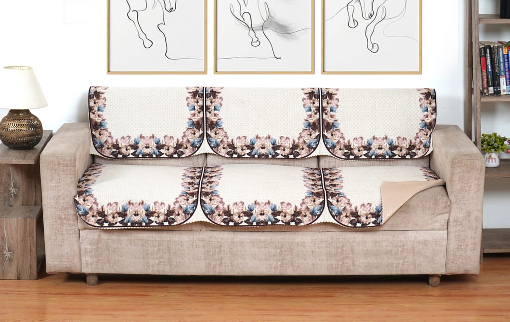 Fabricasa Modern Quilted Reversible Velvet Sofa Cover- Beige 3 Seater view 2