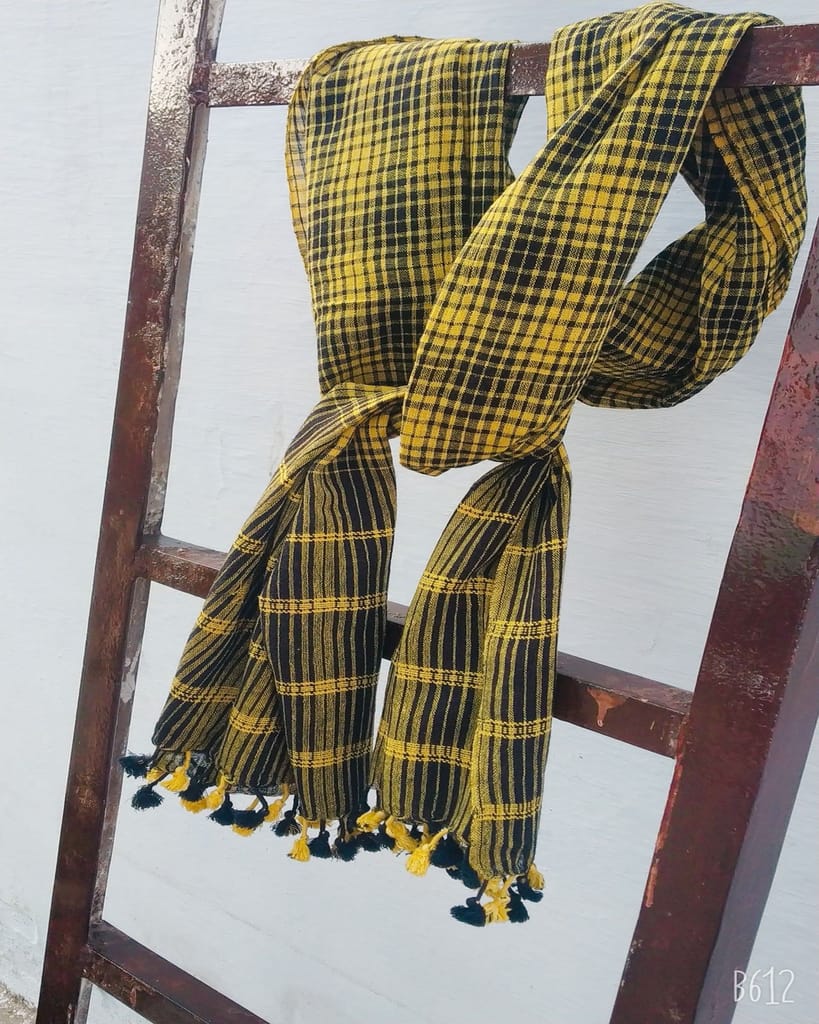 Yellow Black Plaid Organic Handloom Cotton Stole