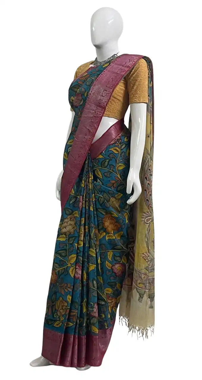 Kalamkari Tussar Silk Saree Teal Blue Peacock Pallu view 2