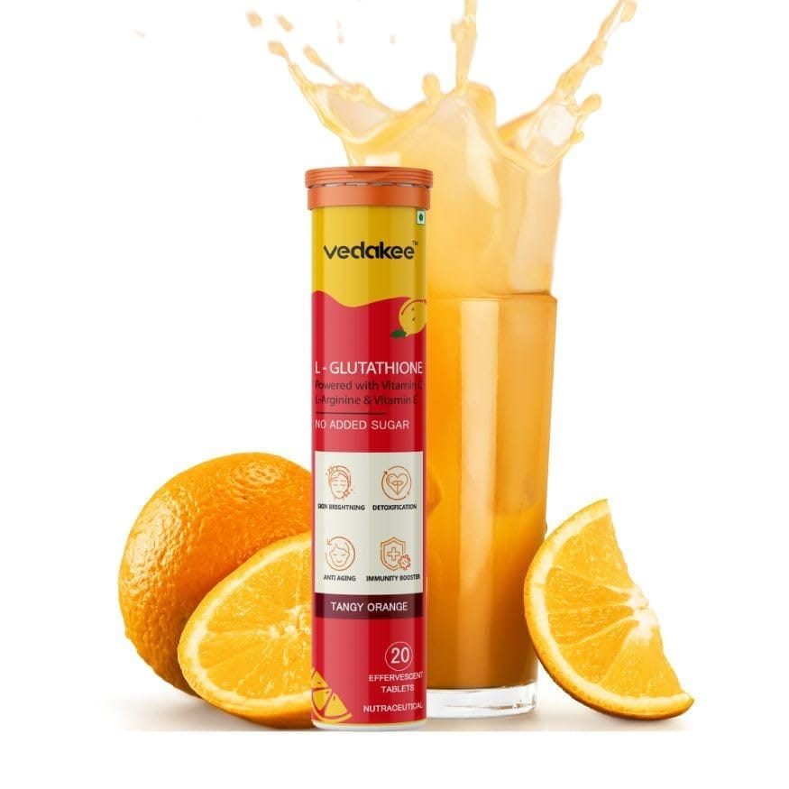 Vedakee L-Glutathione Effervescent Tablets (Orange, Tablets) | Vitamin C & E for Skin Glow, Hydration, Detox, and Antioxidant Support | Glutathione 600mg with Hyaluronic Acid & Biotin
