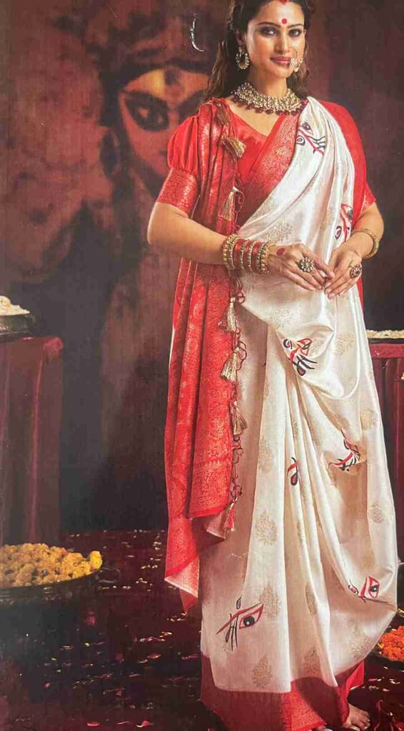 Bengali Red & White Saree view 2
