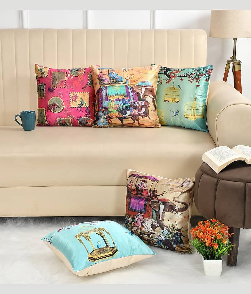 GoCose Home Set of 5 Cotton Floral Printed Square Cushion Cover (40X40)cm - Black