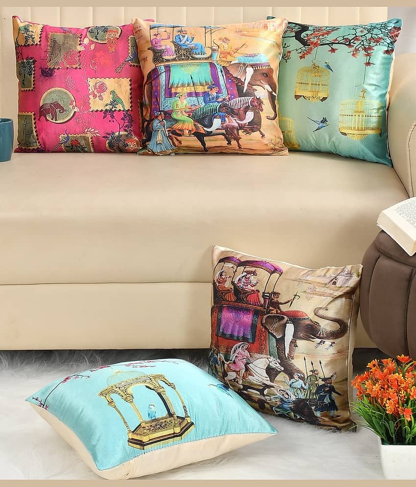 GoCose Home Set of 5 Cotton Floral Printed Square Cushion Cover (40X40)cm - Black view 2
